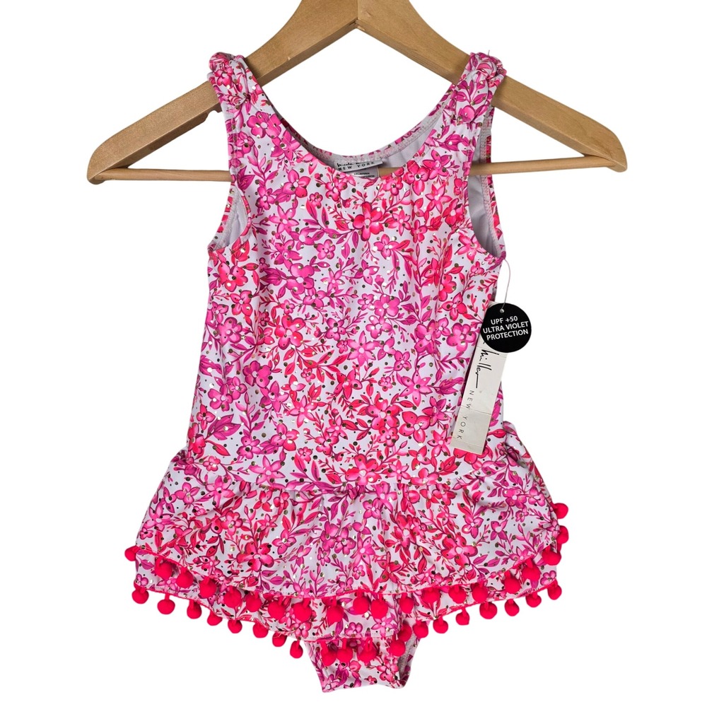Nicole Miller Floral Pom Pom Ruffle One Piece Swimsuit Girls M 10 Pink NWT Water